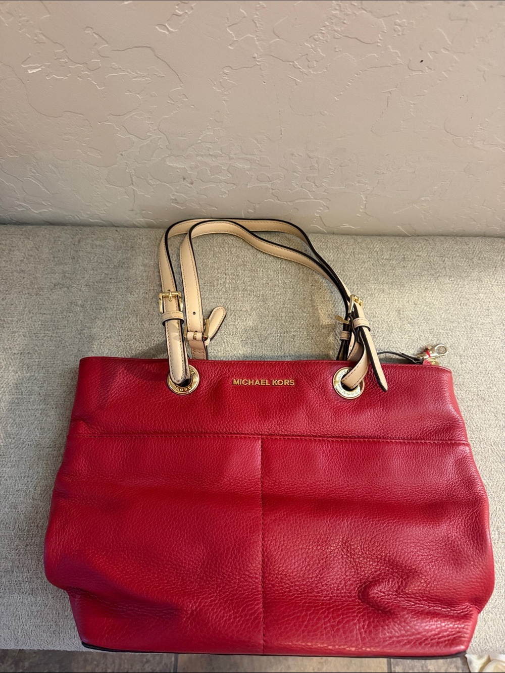 Michael Kors Red Leather Tote with Cream Handles